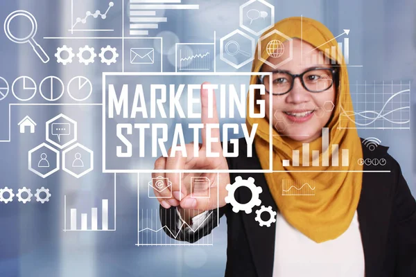 Geschäftskonzept Lächelnd Glücklich Erfolgreiche Asiatische Muslima Geschäftsfrau Klicken Marketing Strategie — Stockfoto