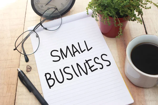 Lettera Parole Small Business Scritta Blocco Note Scrivania Vista Dall — Foto Stock