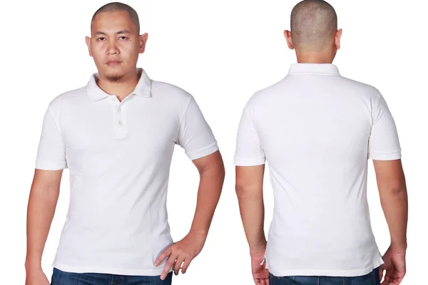 空白ポロシャツ白で隔離 前面と背面のビューをモック アジアの男性モデルは プレーンの白ポロ シャツ モックアップを着用します 印刷用の服 シャツ デザイン プレゼンテーションを汗します — ストック写真