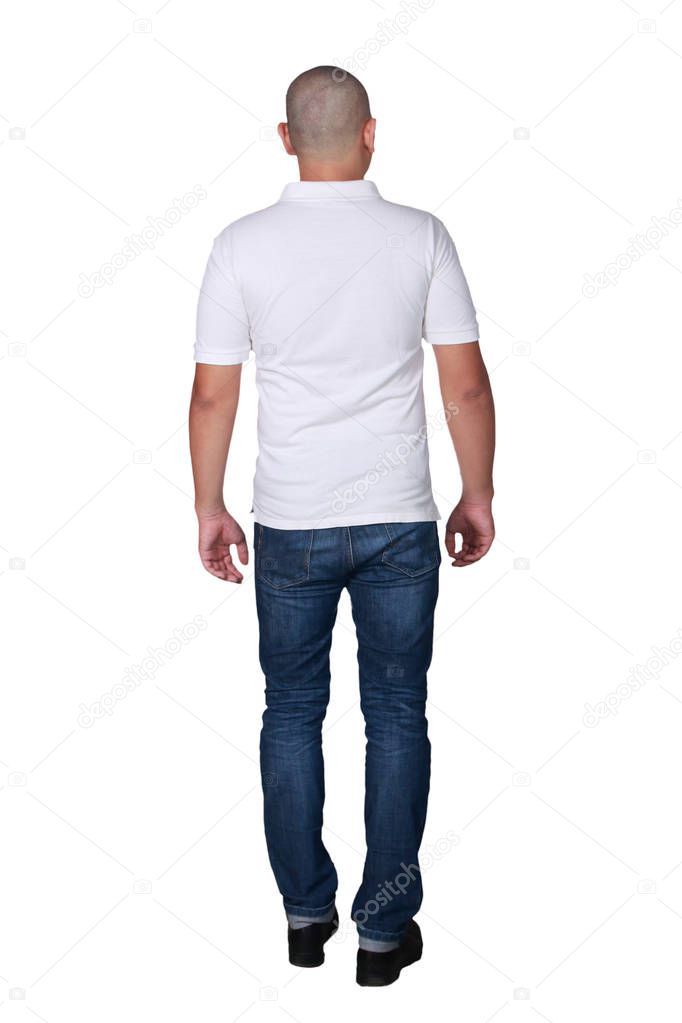 Man standing posing wearing plain white polo shirt, blank t-shirt mock up for printing, full body portrait rear view