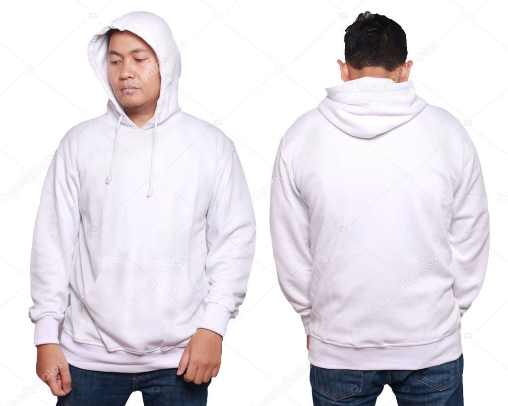 Blank sweatshirt mock up, front, and back view, isolated on white. Asian male model wear plain white long sleeved sweater shirt mockup. Sweat clothes t-shirt jumper design presentation for print