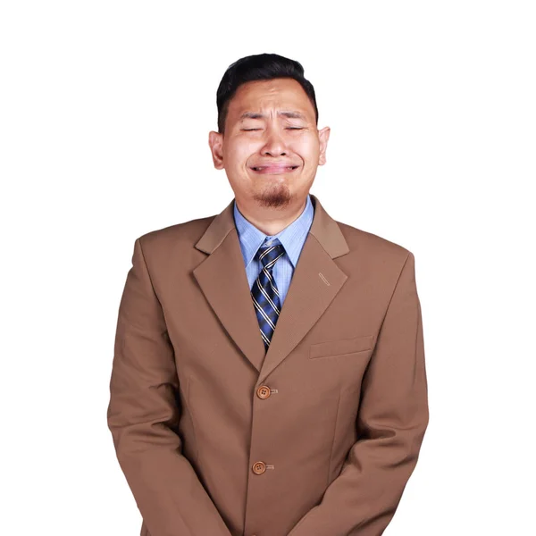 Kemény Elszigetelt Fehér Vicces Ázsiai Üzletember Sírva Portréja — Stock Fotó