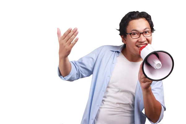 Молодих Азіатських Людині Носити Білий Синій Сорочці Реклама Концепції Посміхаючись — стокове фото