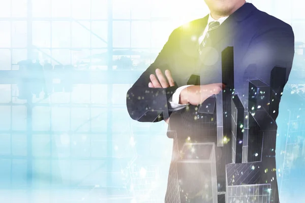 Double Exposure Image Businessman Standing Crossed Arms Overlay Cityscape Image — Stock Photo, Image