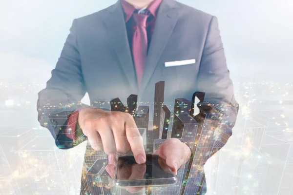 Double Exposure Image Businessman Standing Touching His Smart Phone Overlay — Stock Photo, Image