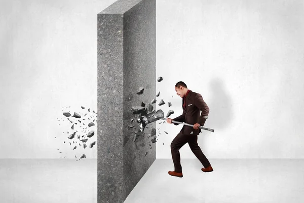 Businessman Breaking Wall Obstacle Hitting Sledgehammer Business Challenge Conquering Adversity — Stock Photo, Image