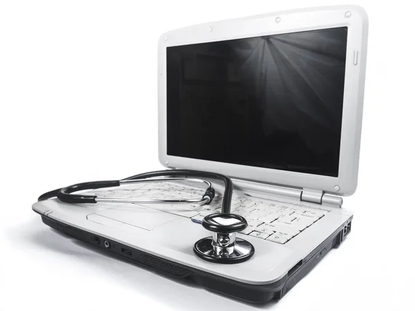 Laptop Computer Diagnosis Black Stethoscope Isolated White Background Royalty Free Stock Images