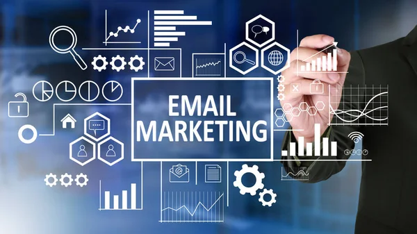 Üzleti Koncepció Üzletember Mail Marketing Tabletta Gombra Kattintson Célok Szöveg — Stock Fotó