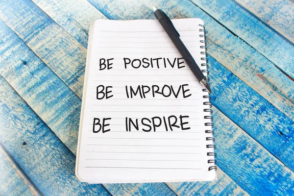 Positive Improve Inspire Words Letter Written Notepad Work Desk Top — Stock Photo, Image