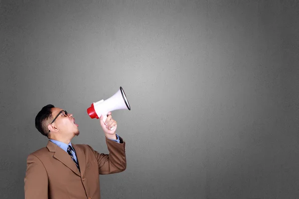 Young Asian Businessman Wearing Shouting Megaphone Angry Expression Close Body — Stock Photo, Image