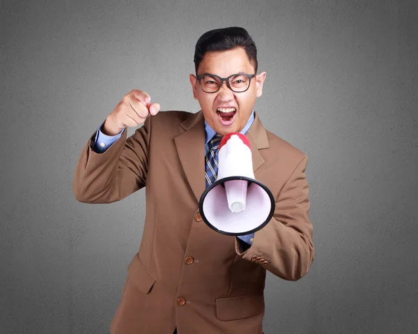 Young Asian Businessman Wearing Shouting Megaphone Angry Expression Close Body — Stock Photo, Image