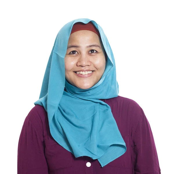 Aziatische Moslimvrouw Dragen Blauwe Hijab Met Denken Expressie Kopie Ruimte — Stockfoto