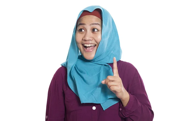 Asian Muslim Woman Wearing Blue Hijab Thinking Expression Copy Space — Stock Photo, Image