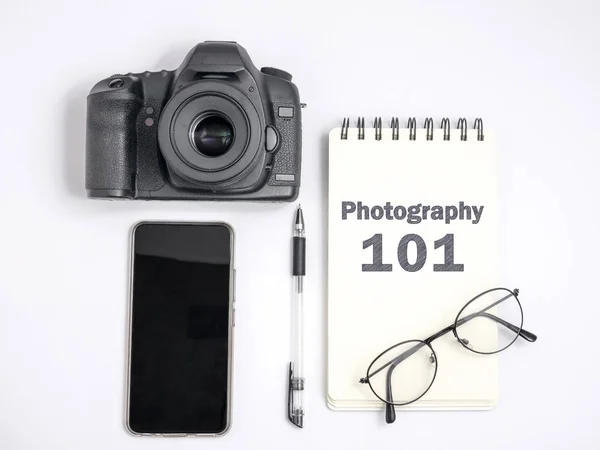 Photographie 101 Lesson Concept Top View Flat Layout Photographer Working — Photo