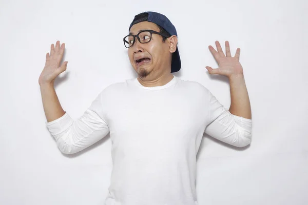 Photo Image Young Funny Asian Man Afraid Expression Hands Raised — Stock Photo, Image