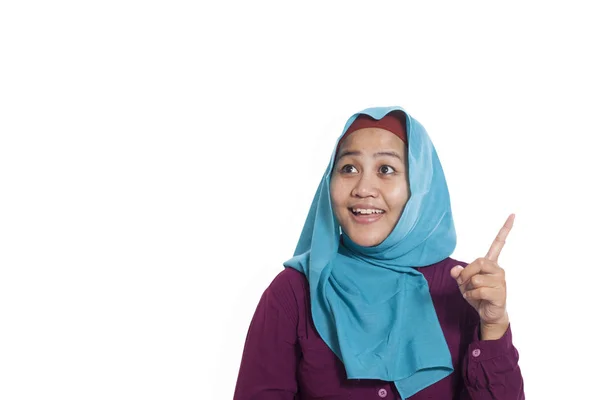 Asian Muslim Woman Wearing Blue Hijab Thinking Expression Copy Space — Stock Photo, Image