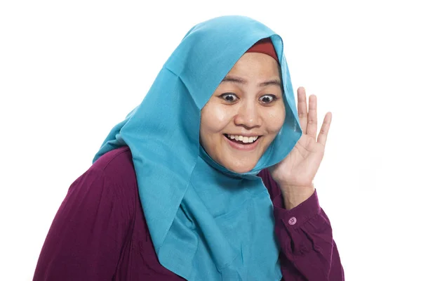 Portrait Young Muslim Business Woman Hearing Gesture Put Hand Ear — Stok Foto