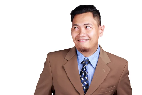 Retrato Empresario Asiático Divertido Sonriendo Pensando Mirando Hacia Lado Aislado —  Fotos de Stock