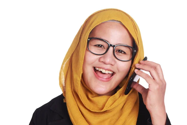 Jovem Empresária Asiática Falando Telefone Expressão Sorridente Feche Retrato Corpo — Fotografia de Stock