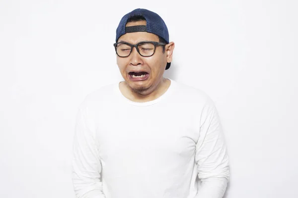 Portrait Funny Sad Asian Man Wearing Hat Eyeglasses Crying Hard — Stock Photo, Image