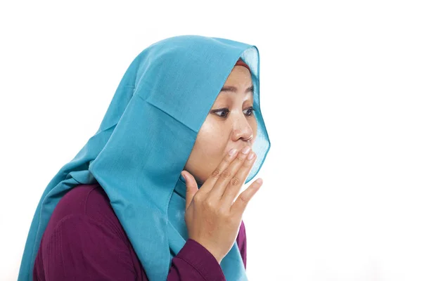 Portrait Asian Muslim Woman Wearing Hijab Whispering Gesture Isolated White — Stock Photo, Image