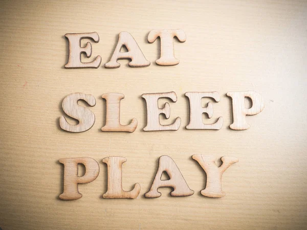 Yemek Uyku Oynamak Motivasyonel Ilham Tırnak Ahşap Kelime Tipografi Yazı — Stok fotoğraf