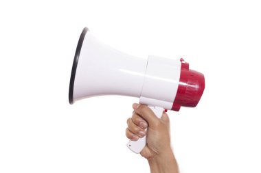 Kopya alanı metni, pazarlama promosyon duyuru kavramı ile beyaz arka plan üzerinde izole megafon tutan el