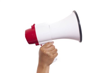 Kopya alanı metni, pazarlama promosyon duyuru kavramı ile beyaz arka plan üzerinde izole megafon tutan el