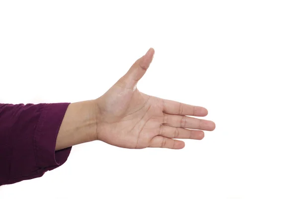 Handbewegung Isoliert Auf Weiß Bietet Handshake Zeichen Konzept Mit Kopierraum — Stockfoto