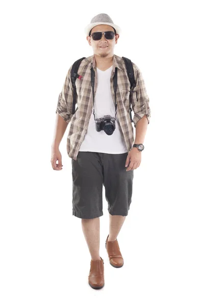 Nsanlar Kavramı Seyahat Asyalı Erkek Backpacker Turist Şapka Siyah Güneş — Stok fotoğraf