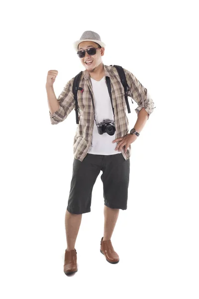 Conceito Viajante Retrato Turista Mochileiro Masculino Asiático Isolado Branco Retrato — Fotografia de Stock