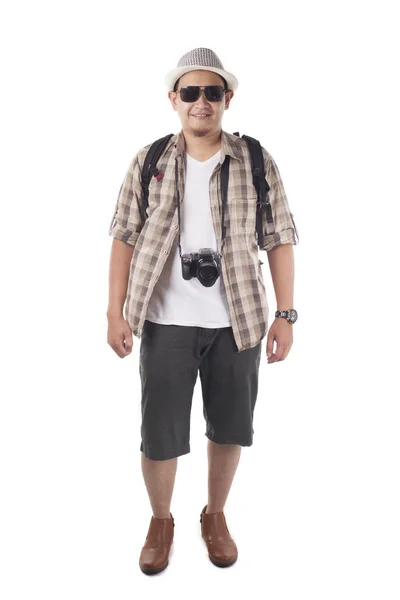Menschen Auf Reisen Porträt Eines Asiatischen Männlichen Backpacker Touristen Mit — Stockfoto