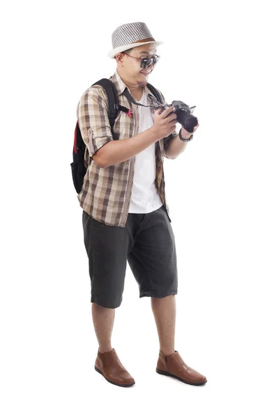 Подорожі Концепцію Людей Портрет Азіатських Чоловічого Backpacker Фотограф Туристичних Ізольовані — стокове фото
