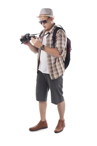 Подорожі Концепцію Людей Портрет Азіатських Чоловічого Backpacker Фотограф Туристичних Ізольовані — стокове фото