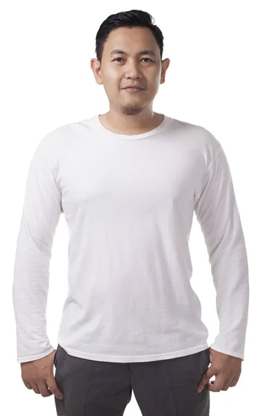 白色长袖 T恤模型 前视图 男模特穿普通白衬衫样机 长袖衬衫设计模板 打印空白三通 — 图库照片