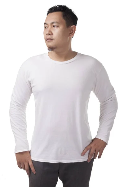Vit Långärmad Shirt Mock Framifrån Isolerade Manlig Modell Slitage Plain — Stockfoto