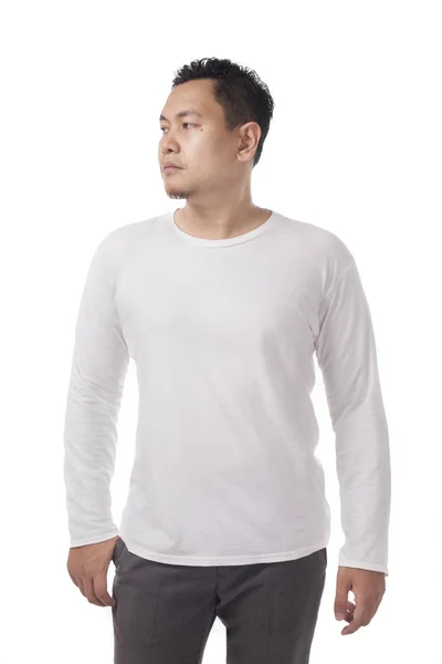 Vit Långärmad Shirt Mock Framifrån Isolerade Manlig Modell Slitage Plain — Stockfoto