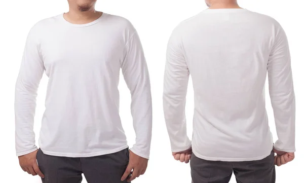 白い長袖 シャツ モックアップ 分離された前面と背面ビュー 男性モデル摩耗の真っ白なシャツのモックアップ 長袖シャツのデザイン テンプレートです 空白の シャツ印刷します — ストック写真