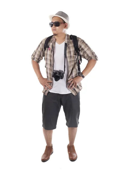 Conceito Viajante Retrato Mochileiro Asiático Masculino Turista Vestindo Chapéu Óculos — Fotografia de Stock
