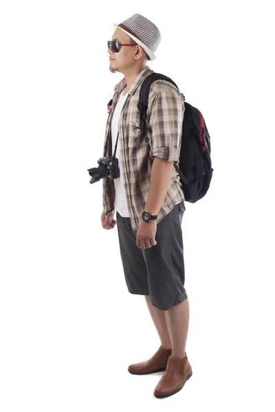 Nsanlar Kavramı Seyahat Asyalı Erkek Backpacker Turist Şapka Kamera Üzerinde — Stok fotoğraf