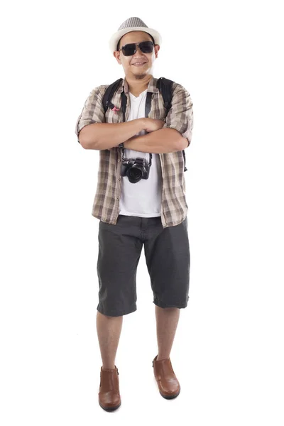 Reizende Mensen Concept Portret Van Aziatische Mannelijke Rugzaktoerist Dragen Van — Stockfoto