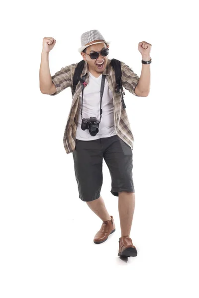 Подорожі Концепцію Людей Портрет Азіатських Чоловічого Backpacker Туристичних Носити Капелюх — стокове фото