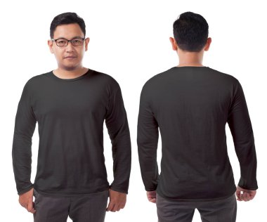 Siyah uzun kollu t-shirt sahte kadar önden ve arkadan görünüm, izole. Erkek model giyim basit siyah gömlek mockup. Uzun kollu gömlek tasarım şablonu. Boş tees için yazdırma