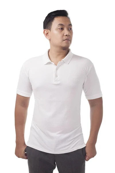 Białe Polo Koszulka Makiety Widok Przodu Model Mężczyzna Nosić Białą — Zdjęcie stockowe