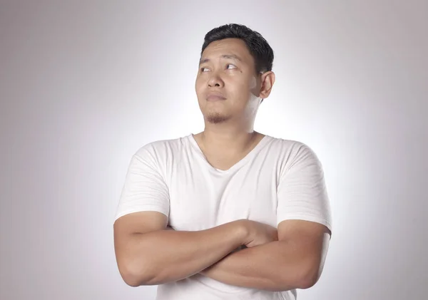 Young Asian Men Wearing White Shirt Thinking Eyes Glance Top — Stock Photo, Image