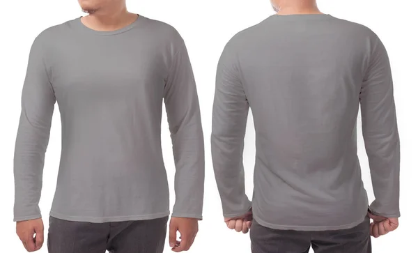 Szary Długi Rękaw Shirt Mock Widok Przodu Tyłu Białym Tle — Zdjęcie stockowe