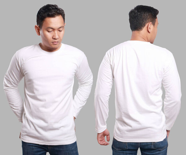 White long sleeved t-shirt mock up, front and back view, isolated. Male model wear plain white shirt mockup. Long sleeve shirt design template. Blank tees for print