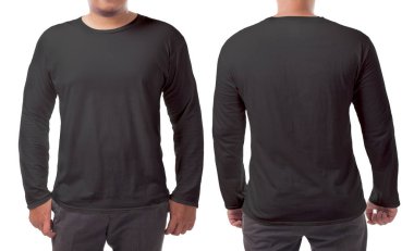 Siyah uzun kollu t-shirt sahte kadar önden ve arkadan görünüm, izole. Erkek model giyim basit siyah gömlek mockup. Uzun kollu gömlek tasarım şablonu. Boş tees için yazdırma