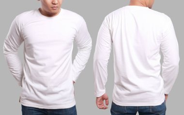 Beyaz uzun kollu t-shirt sahte kadar önden ve arkadan görünüm, izole. Erkek model aşınma düz beyaz gömlek mockup. Uzun kollu gömlek tasarım şablonu. Boş tees için yazdırma