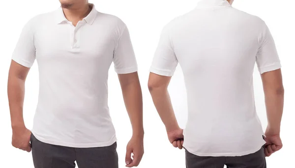 Camiseta Polo Blanco Simulada Vista Frontal Trasera Aislada Modelo Masculino — Foto de Stock